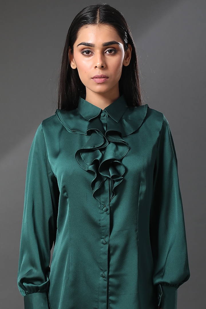 Dark Green Silk Flowy Pant Set by Zeefaa at Pernia's Pop Up Shop