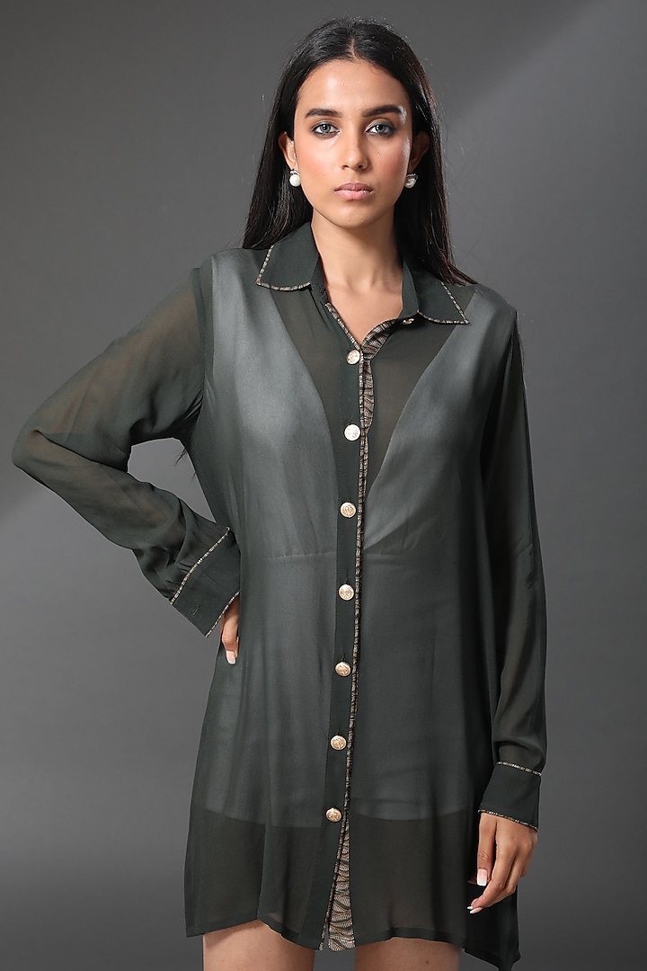 Green Georgette Mini Summer Shirt Dress by Zeefaa at Pernia's Pop Up Shop