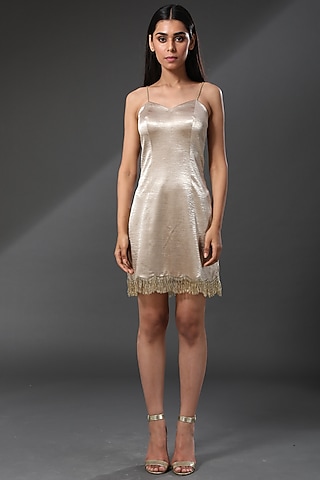 Gold Hand Embroidered Mini Dress by Zeefaa