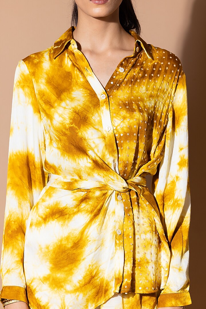 Mustard Modal Satin Tie-Dye Wrap Shirt by Zeefaa at Pernia's Pop Up Shop