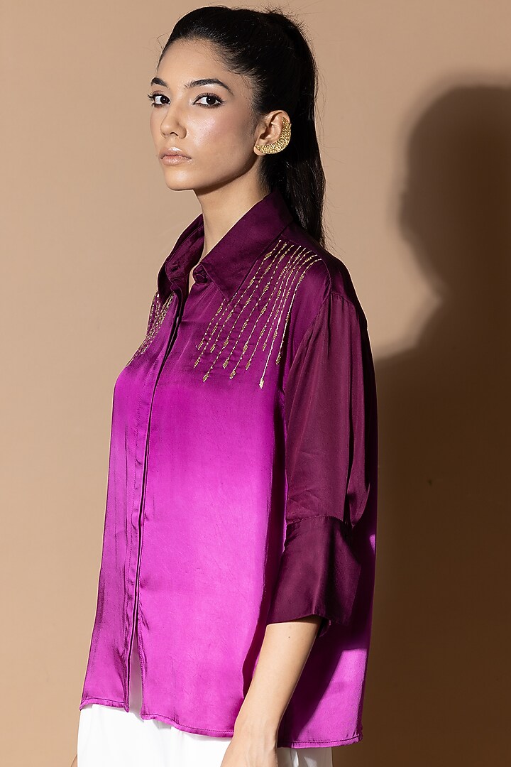 Purple Modal Satin Sequins Embellished Shirt by Zeefaa at Pernia's Pop Up Shop