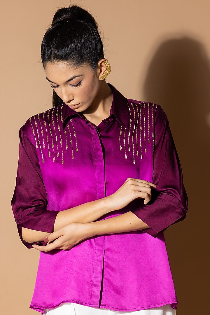Purple Modal Satin Sequins Embellished Shirt by Zeefaa at Pernia's Pop Up Shop