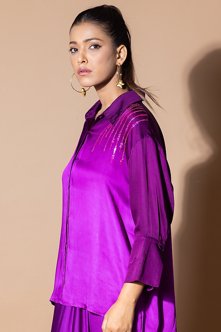 Purple Modal Satin Sequins Embellished Shirt by Zeefaa at Pernia's Pop Up Shop