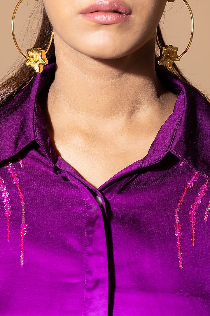 Purple Modal Satin Sequins Embellished Shirt by Zeefaa at Pernia's Pop Up Shop