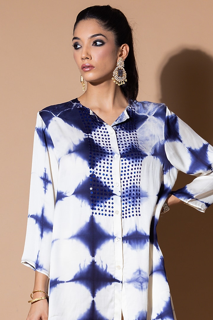 Blue & White Modal Satin Asymmetric Summer Shirt Dress by Zeefaa at Pernia's Pop Up Shop