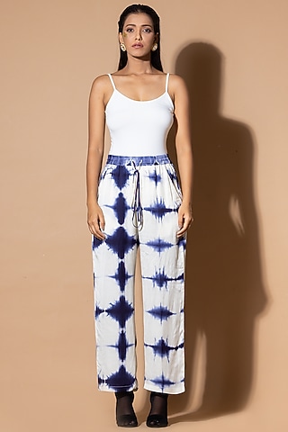 Blue & White Modal Satin Tie-Dye Pants by Zeefaa