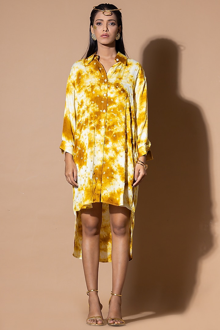 Mustard Modal Satin Tie-Dye Shirt Dress by Zeefaa