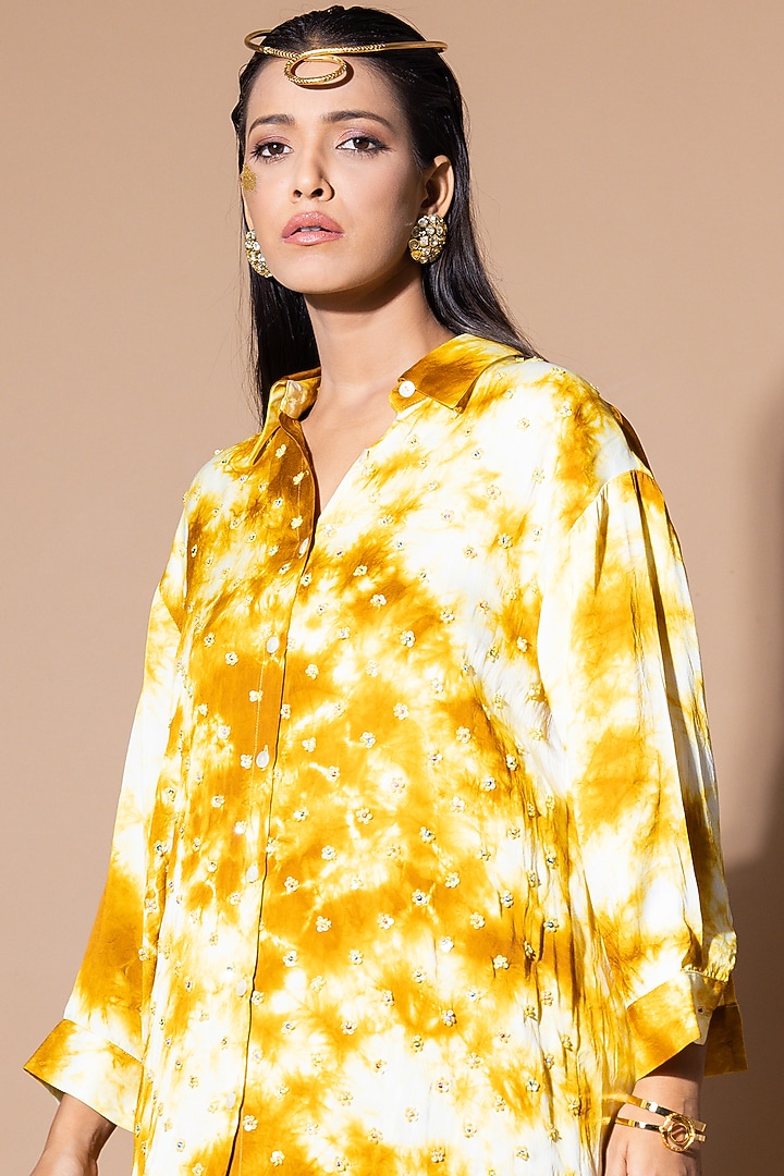 Mustard Modal Satin Tie-Dye Vacation Shirt Dress by Zeefaa at Pernia's Pop Up Shop