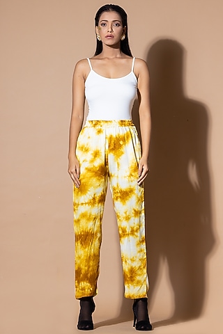 Mustard & White Modal Satin Tie-Dye Pants by Zeefaa