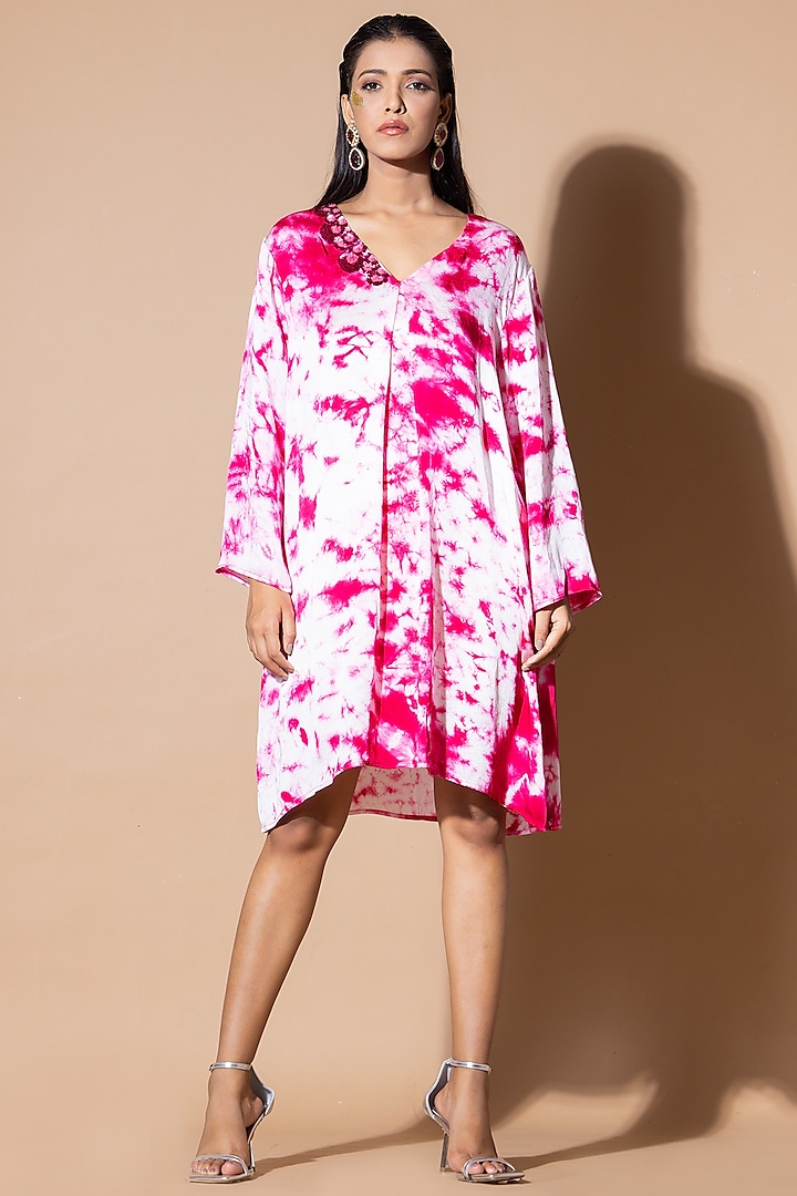 Magenta Modal Satin Sequins Embellished Pleated Dress by Zeefaa