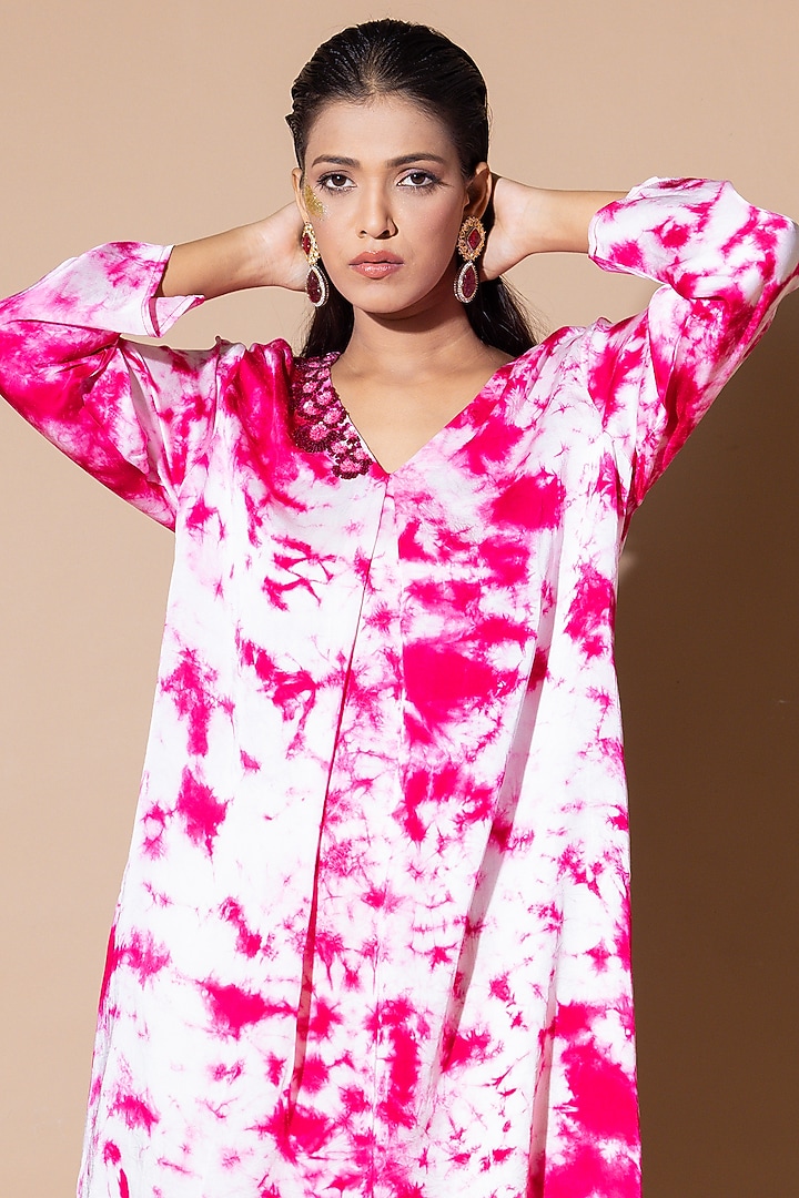 Magenta Modal Satin Sequins Embellished Pleated Summer Dress by Zeefaa at Pernia's Pop Up Shop