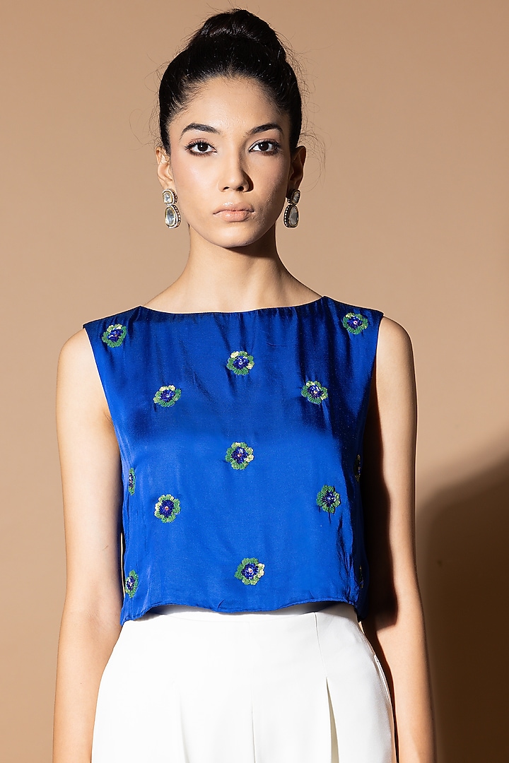 Celestial Blue Modal Satin Floral Sequins Embellished Crop Top by Zeefaa