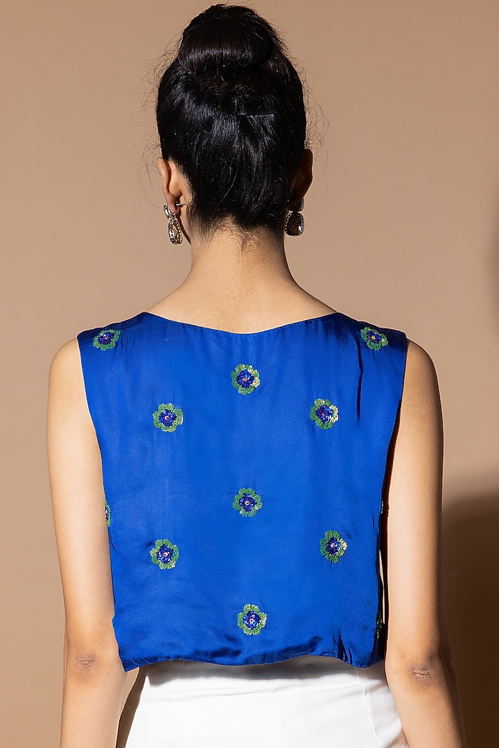 Celestial Blue Modal Satin Floral Sequins Embellished Crop Top by Zeefaa at Pernia's Pop Up Shop