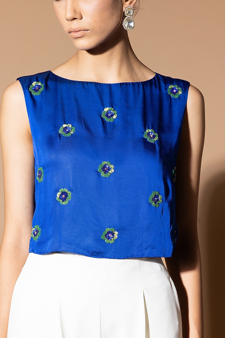 Celestial Blue Modal Satin Floral Sequins Embellished Crop Top by Zeefaa at Pernia's Pop Up Shop