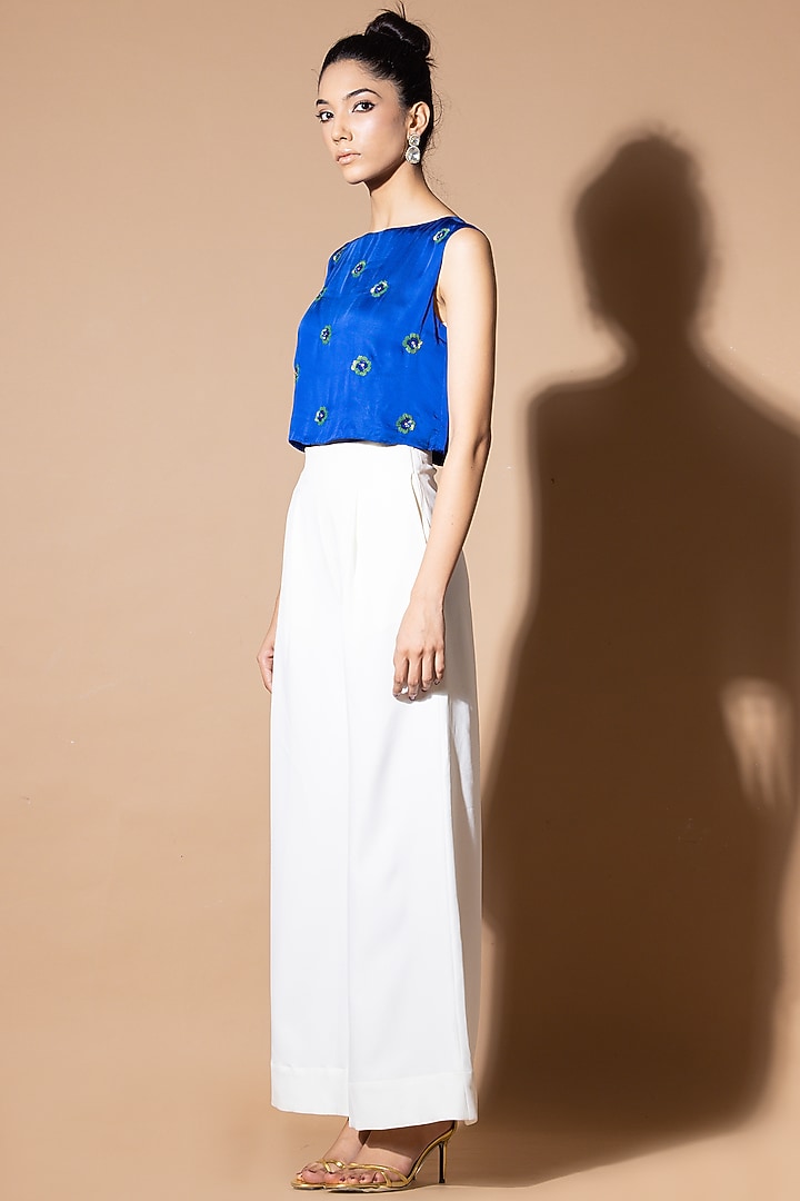 Celestial Blue Modal Satin Floral Sequins Embellished Crop Top by Zeefaa at Pernia's Pop Up Shop