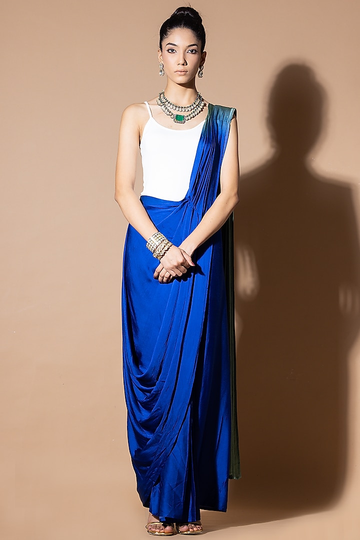 Celestial Blue Ombre Modal Satin Pre-Draped Saree by Zeefaa at Pernia's Pop Up Shop