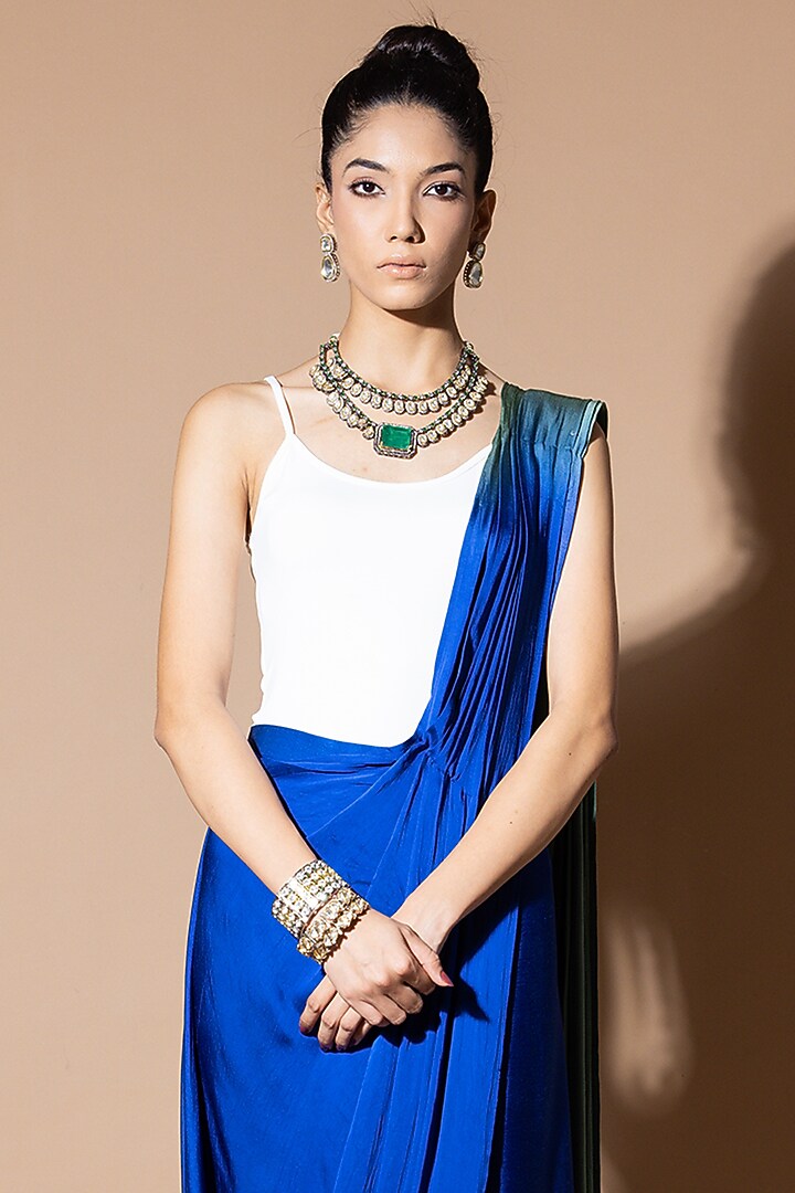 Celestial Blue Ombre Modal Satin Pre-Draped Party Wear Saree by Zeefaa at Pernia's Pop Up Shop