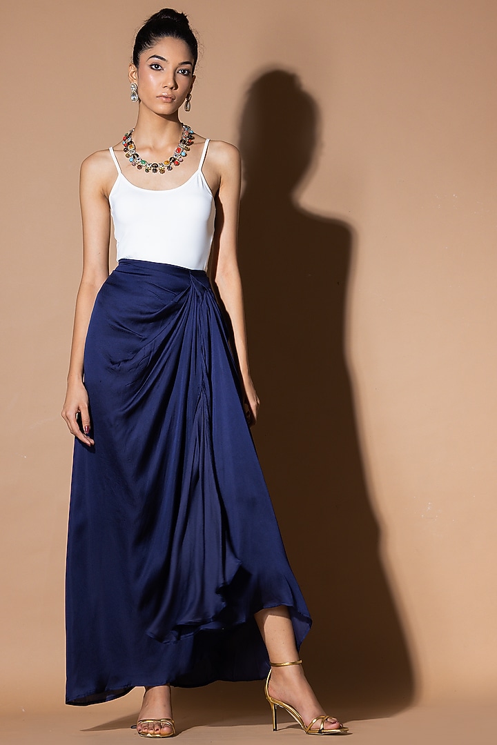 Misty Blue Modal Satin Wrap Pleated Skirt by Zeefaa at Pernia's Pop Up Shop