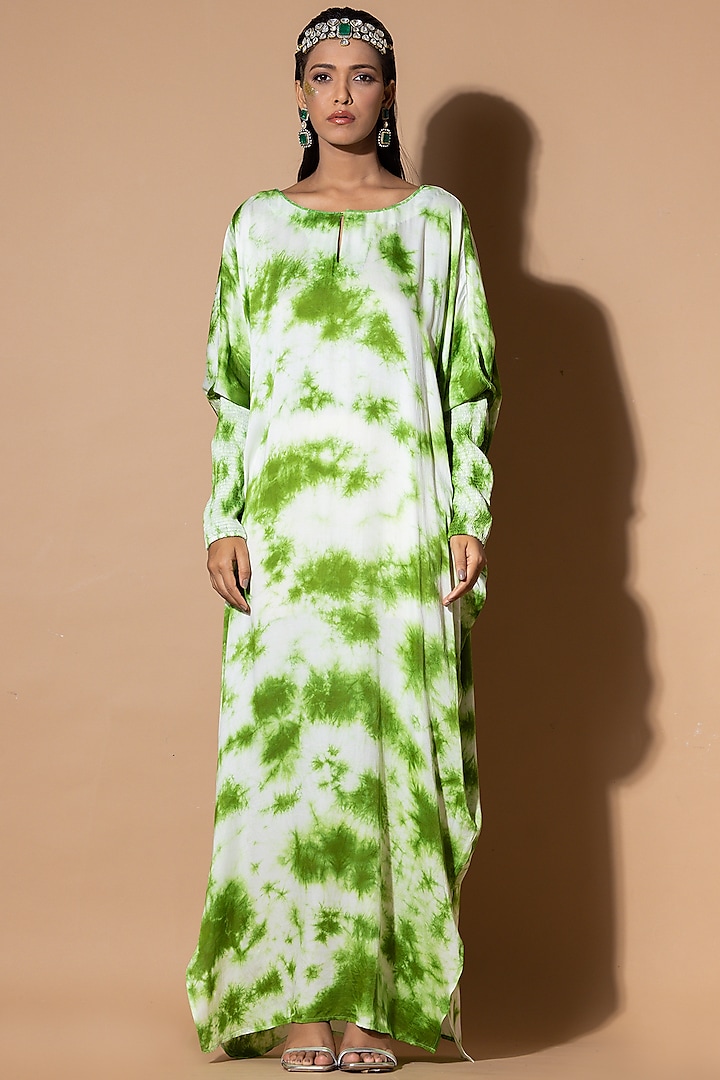 Green Modal Satin Sequins Embellished & Tie-dye Kaftan by Zeefaa at Pernia's Pop Up Shop