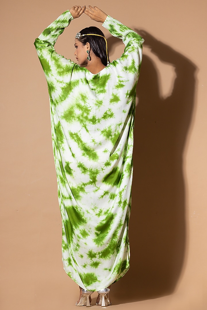 Green Modal Satin Sequins Embellished & Tie-dye Kaftan by Zeefaa at Pernia's Pop Up Shop