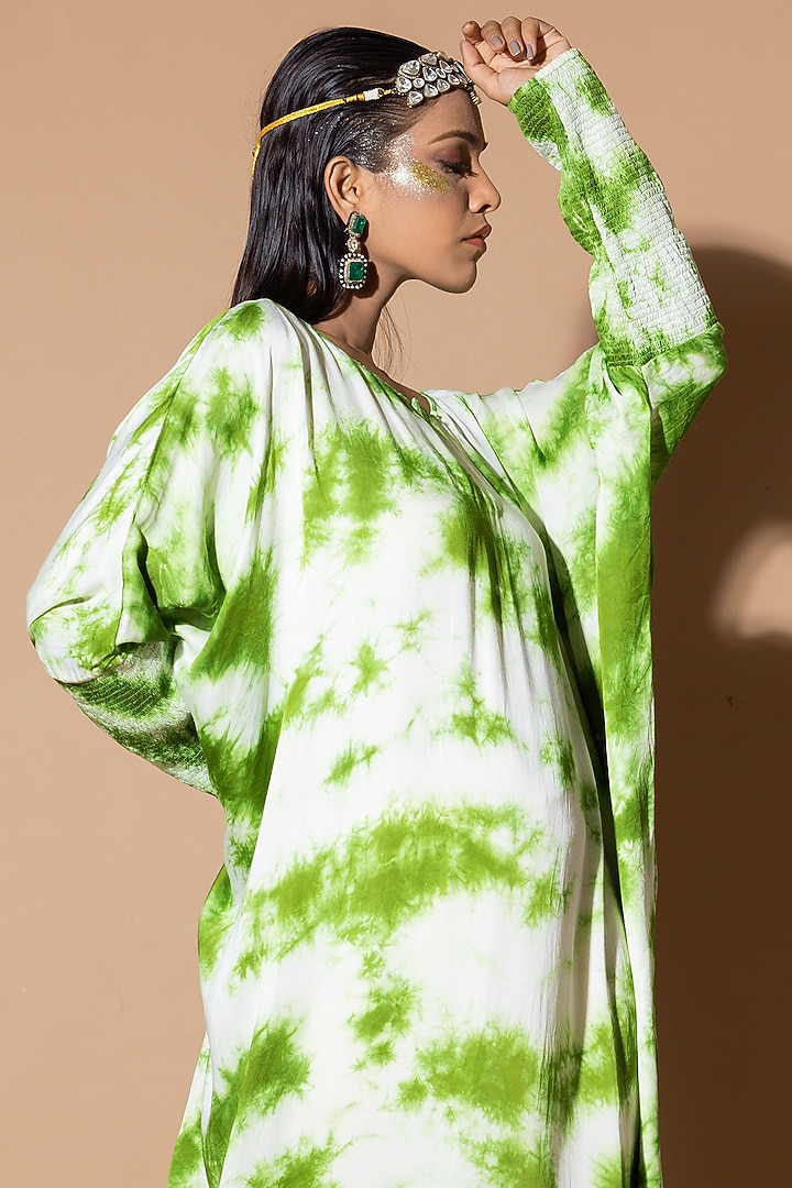 Green Modal Satin Sequins Embellished & Tie-dye Kaftan by Zeefaa at Pernia's Pop Up Shop