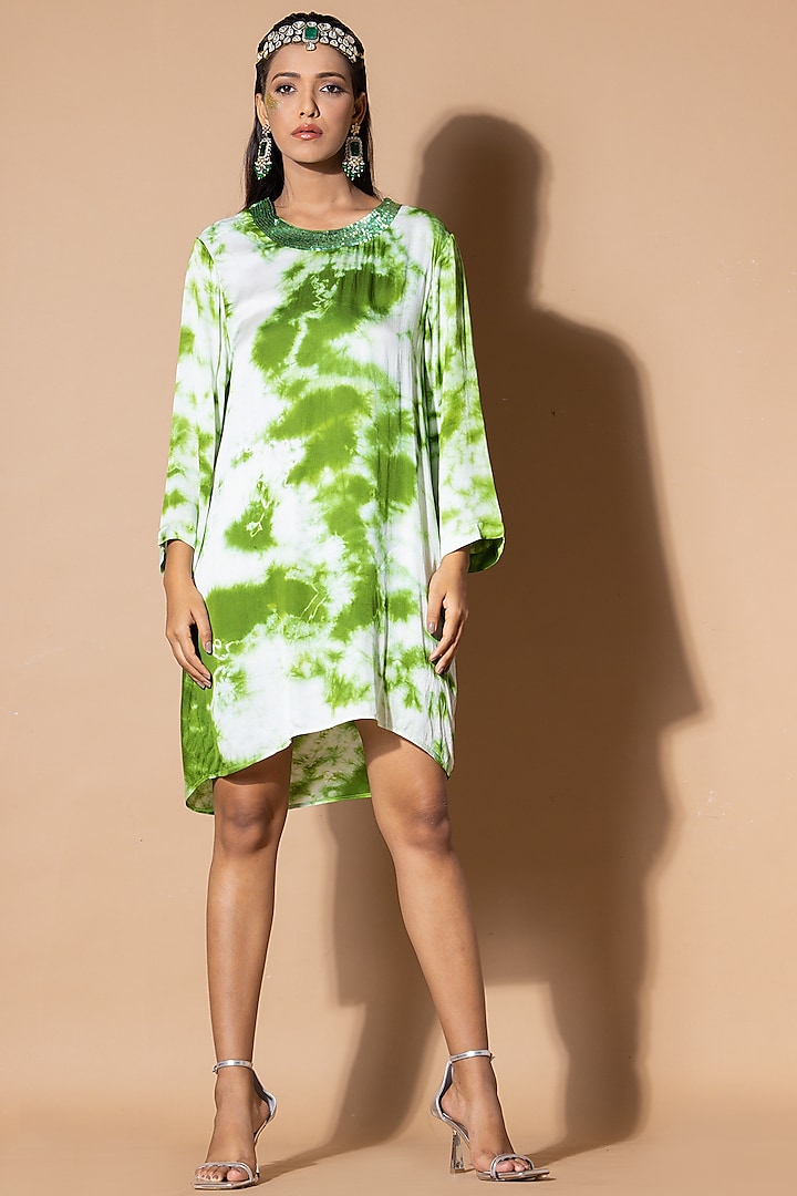 Green Modal Satin Tie-Dye Dress by Zeefaa at Pernia's Pop Up Shop