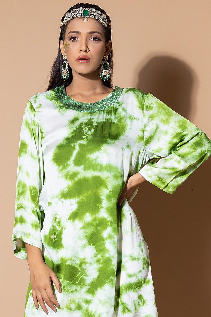 Green Modal Satin Tie-Dye Summer Dress by Zeefaa at Pernia's Pop Up Shop