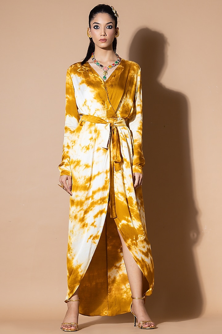 Mustard Modal Satin Wrap Tie-Dye Dress by Zeefaa at Pernia's Pop Up Shop