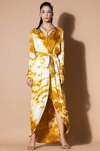 Mustard Modal Satin Wrap Tie-Dye Dress by Zeefaa