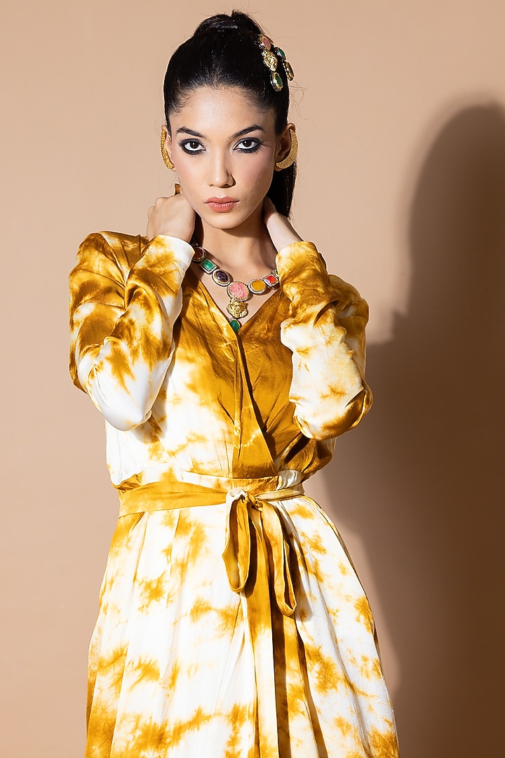 Mustard Modal Satin Wrap Tie-Dye Vacation Dress by Zeefaa at Pernia's Pop Up Shop