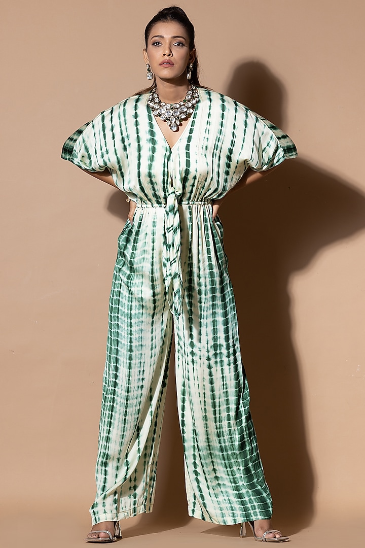  Green & White Modal Satin Tie-Dye Jumpsuit by Zeefaa