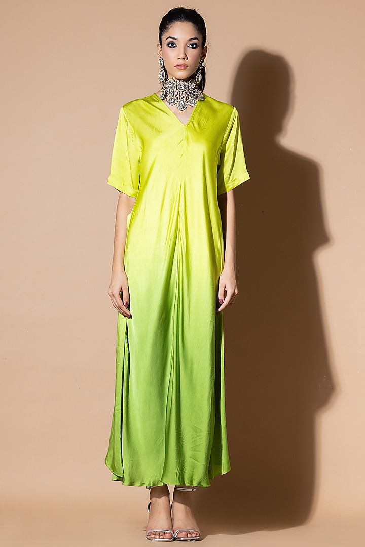 Light Green & Dark Green Ombre Modal Satin Dress by Zeefaa at Pernia's Pop Up Shop