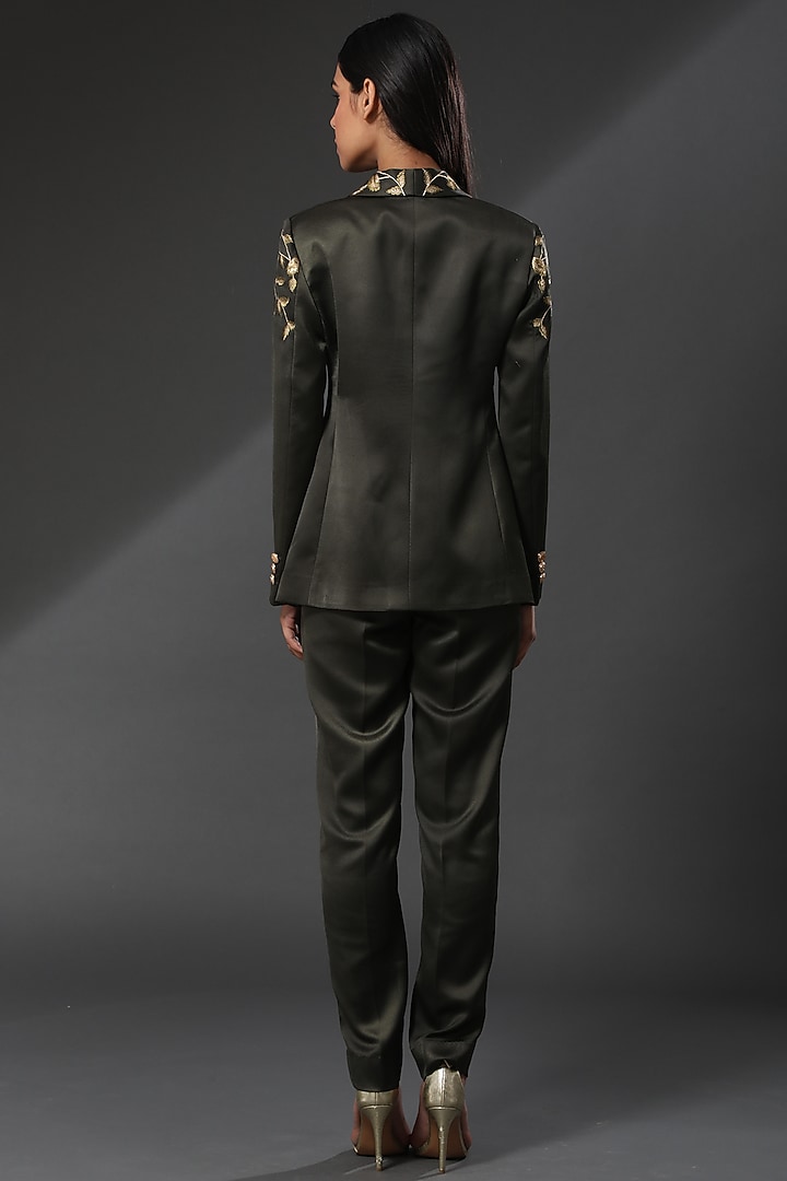 Olive Green Embroidered Blazer by Zeefaa at Pernia's Pop Up Shop