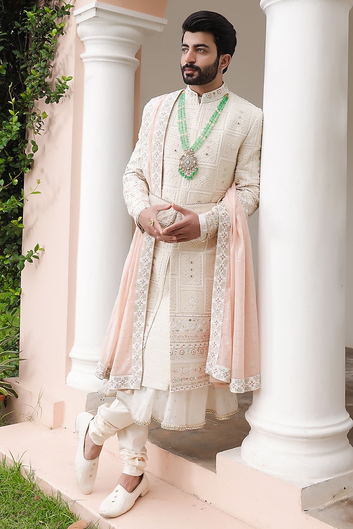 Ivory Lucknowi Hand Embroidered Sherwani Set by ZENITH COUTURE at Pernia's Pop Up Shop