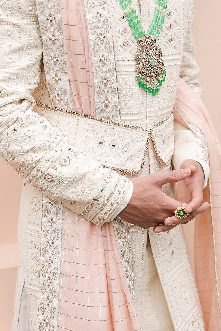 Ivory Lucknowi Hand Embroidered Sherwani Set by ZENITH COUTURE at Pernia's Pop Up Shop