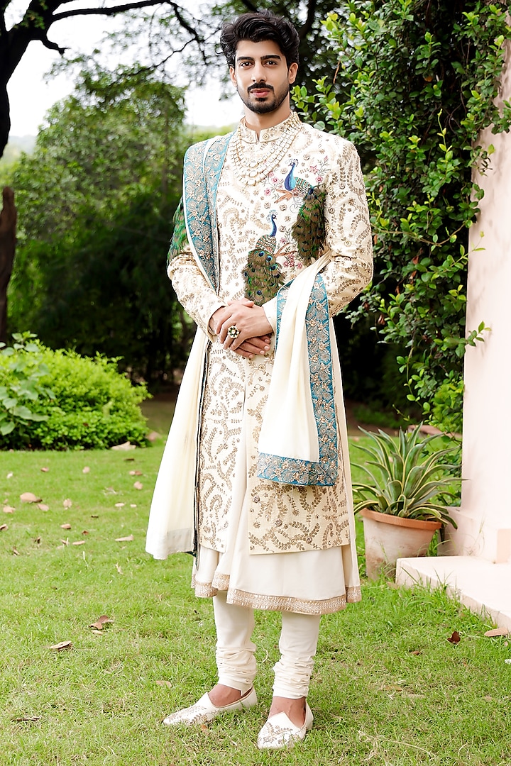 Ivory Pure Raw Silk Hand Embroidered Sherwani Set by ZENITH COUTURE