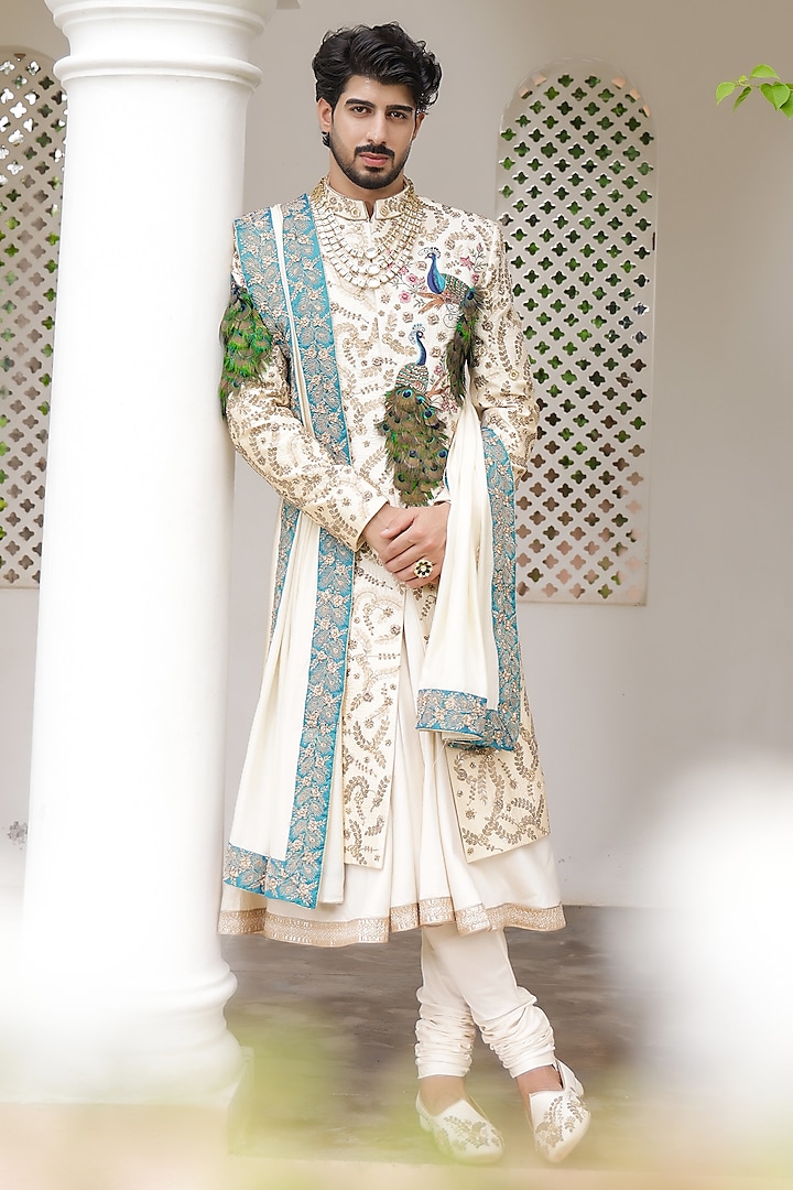 Ivory Pure Raw Silk Hand Embroidered Sherwani Set by ZENITH COUTURE at Pernia's Pop Up Shop