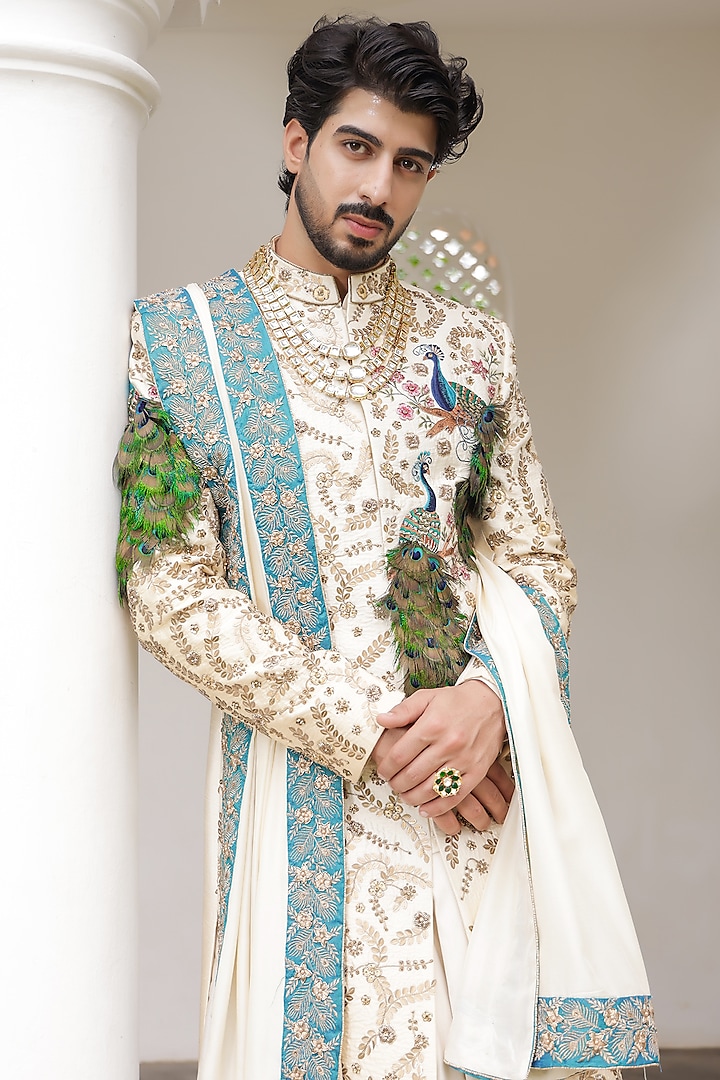 Ivory Pure Raw Silk Hand Embroidered Sherwani Set by ZENITH COUTURE at Pernia's Pop Up Shop