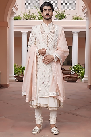 Ivory Lucknowi Hand Embroidered Sherwani Set by ZENITH COUTURE