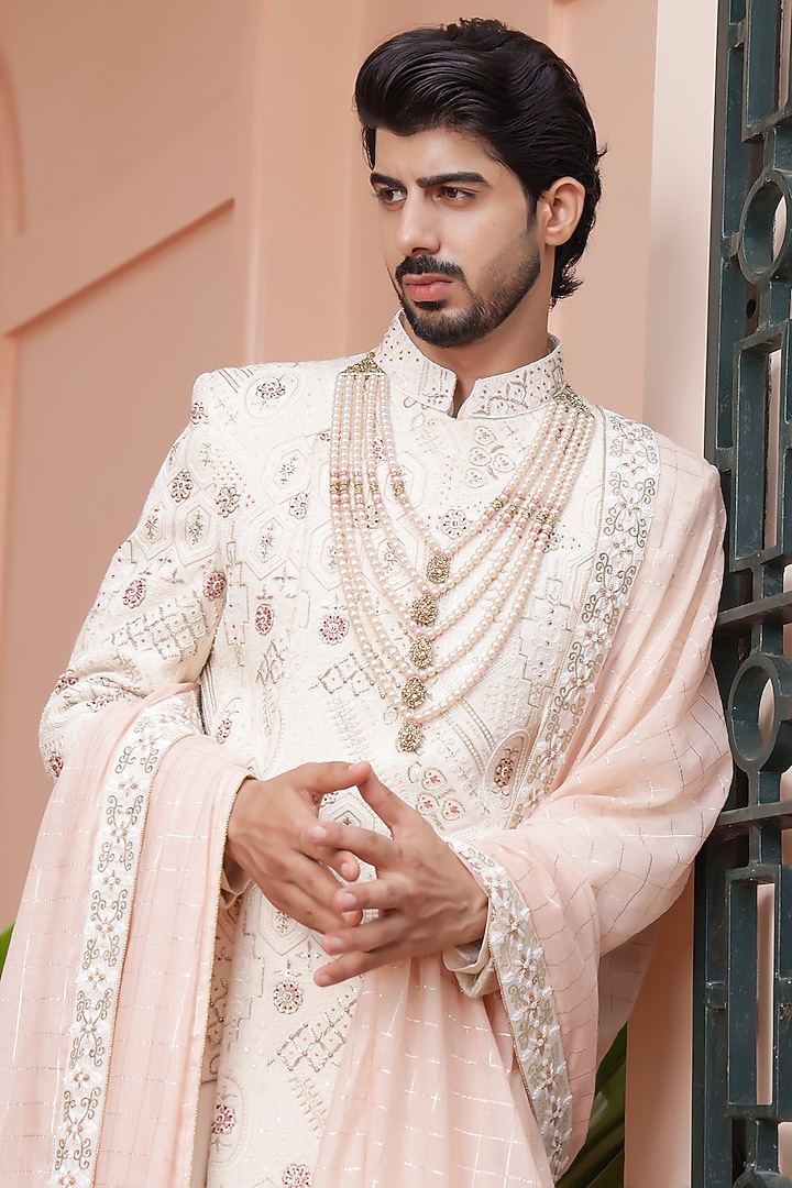 Ivory Lucknowi Hand Embroidered Sherwani Set by ZENITH COUTURE at Pernia's Pop Up Shop