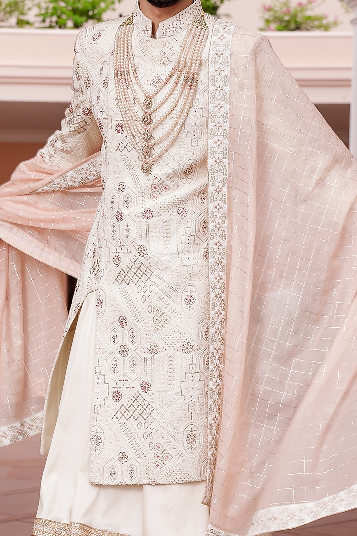 Ivory Lucknowi Hand Embroidered Sherwani Set by ZENITH COUTURE at Pernia's Pop Up Shop