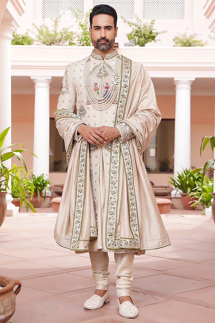 Ivory Lucknowi Hand Embroidered Sherwani Set by ZENITH COUTURE