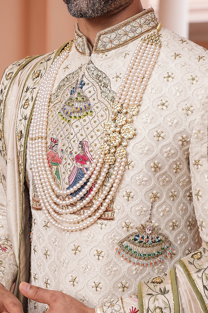 Ivory Lucknowi Hand Embroidered Sherwani Set by ZENITH COUTURE at Pernia's Pop Up Shop
