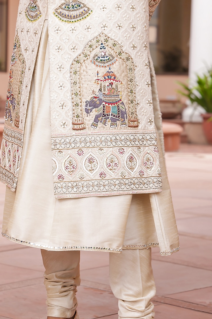 Ivory Lucknowi Hand Embroidered Sherwani Set by ZENITH COUTURE at Pernia's Pop Up Shop