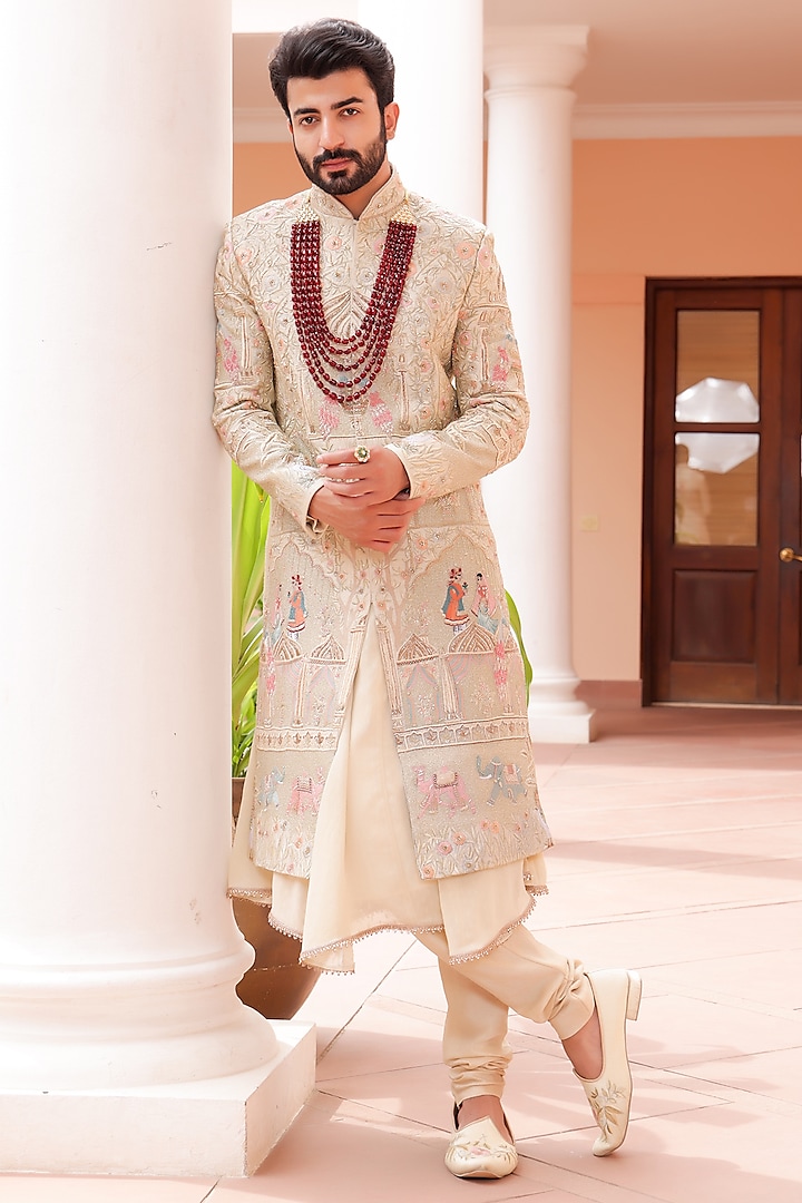 Pista Green Pure Raw Silk Machine & Hand Embroidered Sherwani Set by ZENITH COUTURE at Pernia's Pop Up Shop