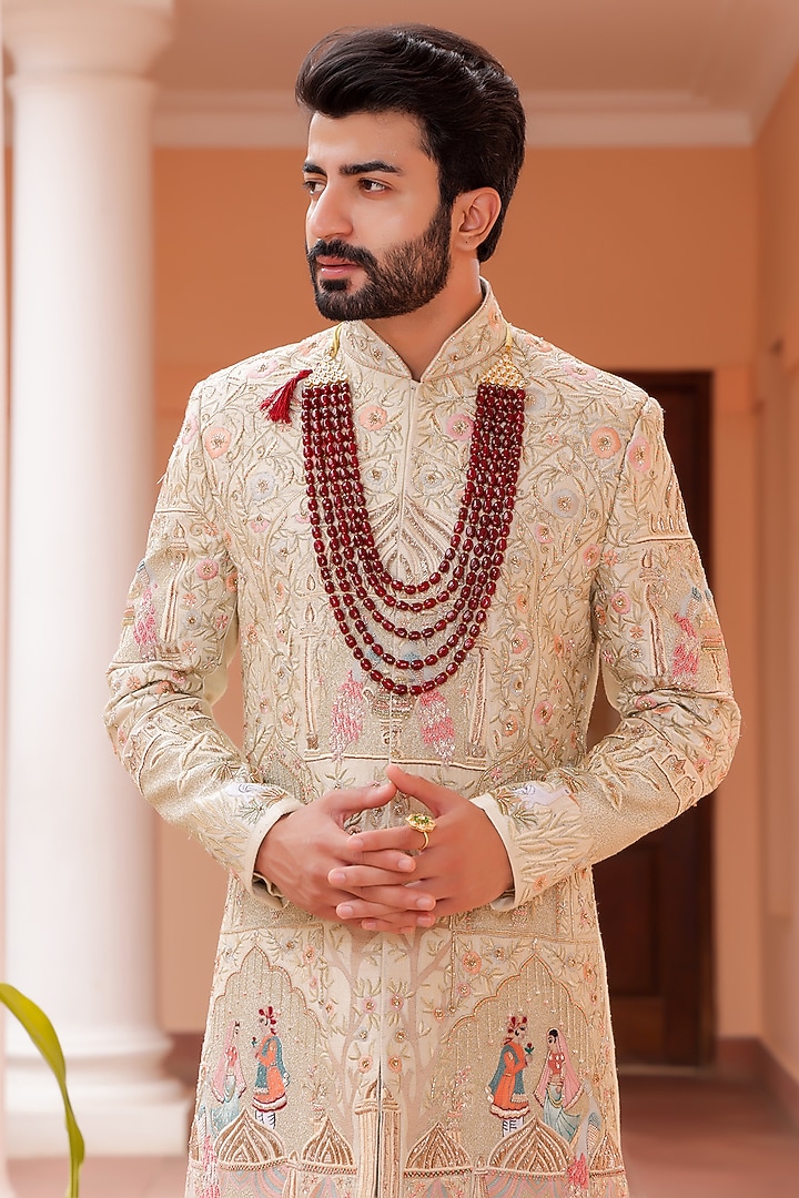 Pista Green Pure Raw Silk Machine & Hand Embroidered Sherwani Set by ZENITH COUTURE at Pernia's Pop Up Shop