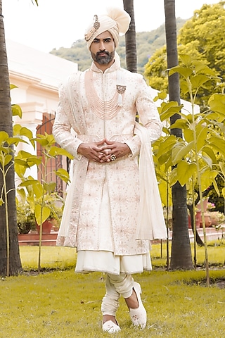 Light Peach Georgette Machine & Hand Embroidered Sherwani Set by ZENITH COUTURE
