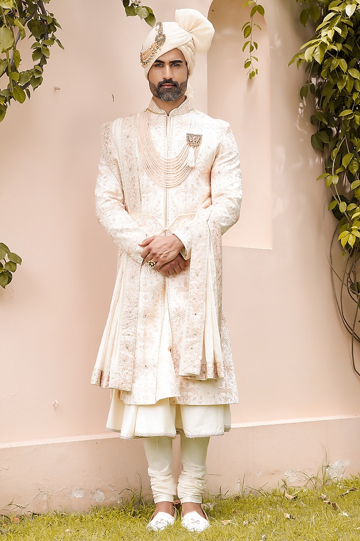 Light Peach Georgette Machine & Hand Embroidered Groom Sherwani Set by ZENITH COUTURE at Pernia's Pop Up Shop