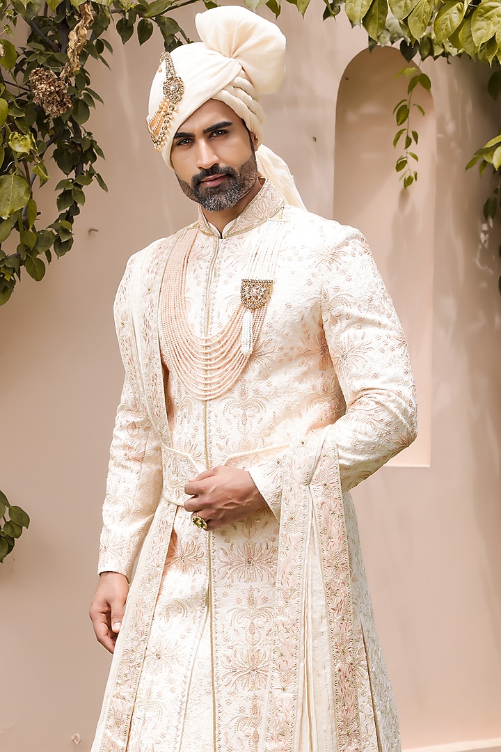 Light Peach Georgette Machine & Hand Embroidered Groom Sherwani Set by ZENITH COUTURE at Pernia's Pop Up Shop