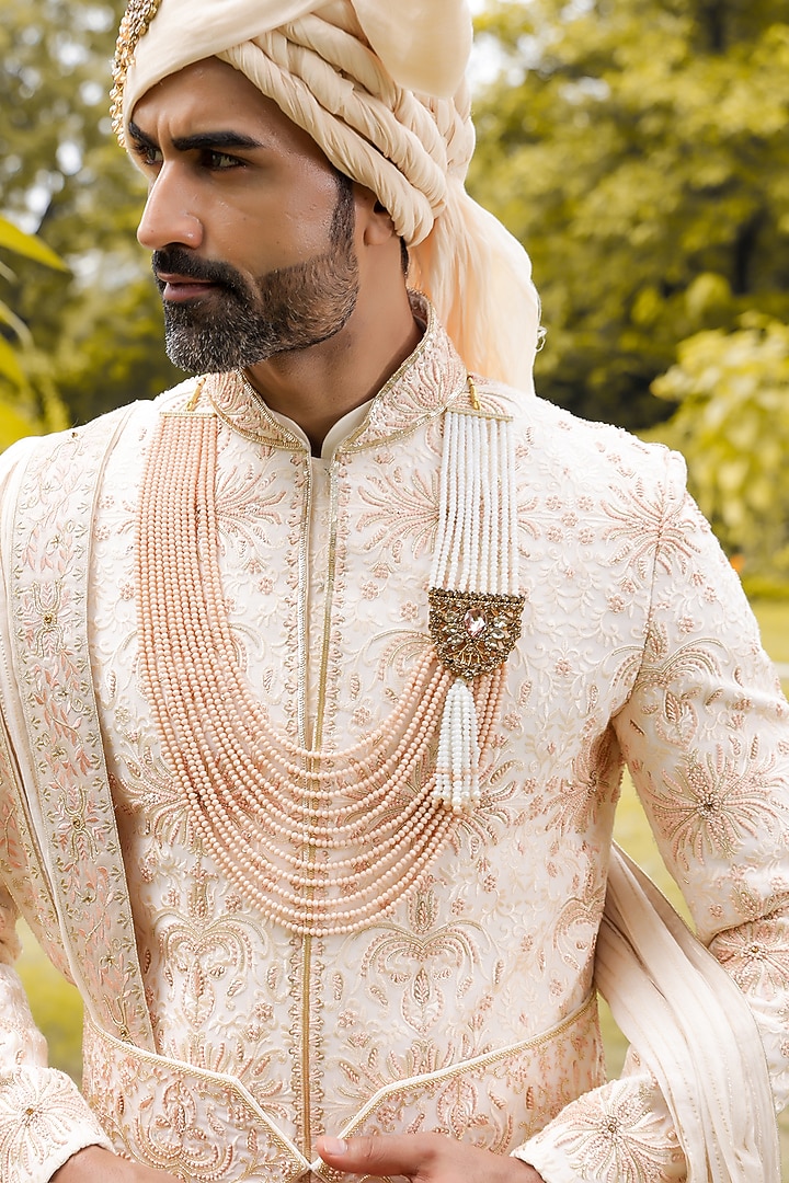 Light Peach Georgette Machine & Hand Embroidered Groom Sherwani Set by ZENITH COUTURE at Pernia's Pop Up Shop